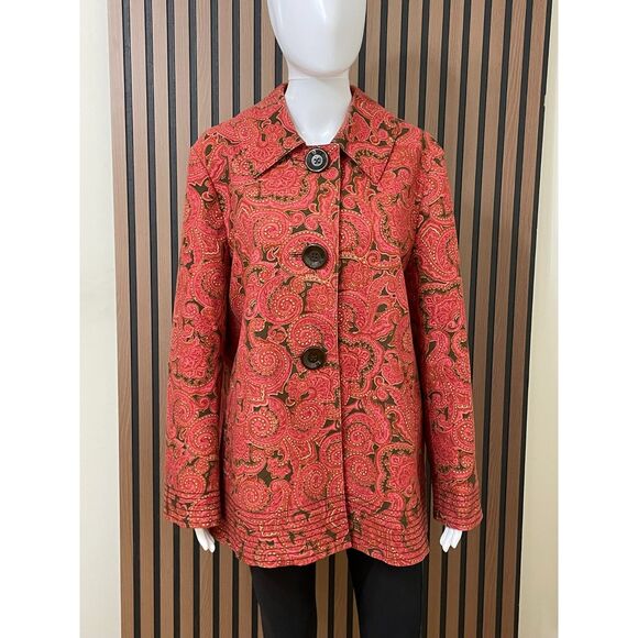 Talbots Women's L Pink Coat Cotton Pea Paisley Stretch Boho Career Swing Jacket - Picture 1 of 10